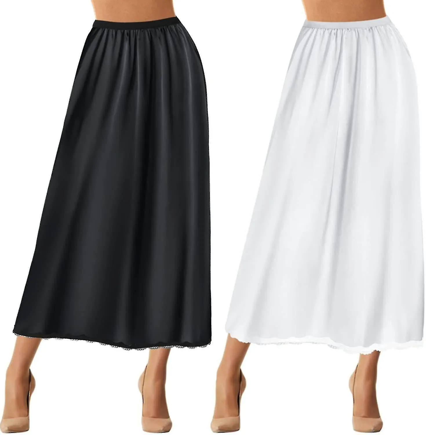 2 Piezas Medio Slip Encaje Largo Underskirt Mujer Satén Medio Slips Para Debajo de los Vestidos Slip