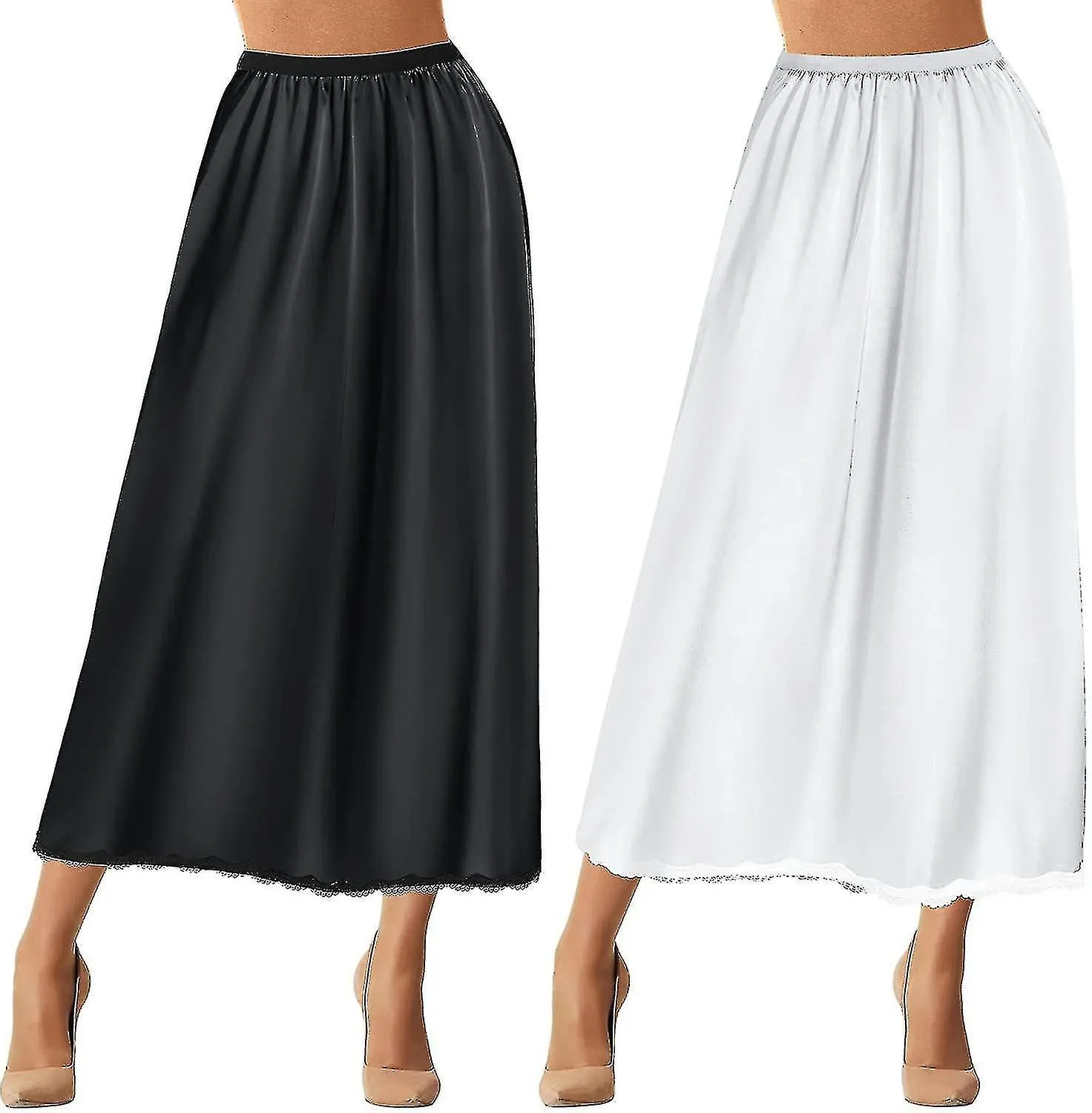 2 Piezas Medio Slip Encaje Largo Underskirt Mujer Satén Medio Slips Para Debajo de los Vestidos Slip