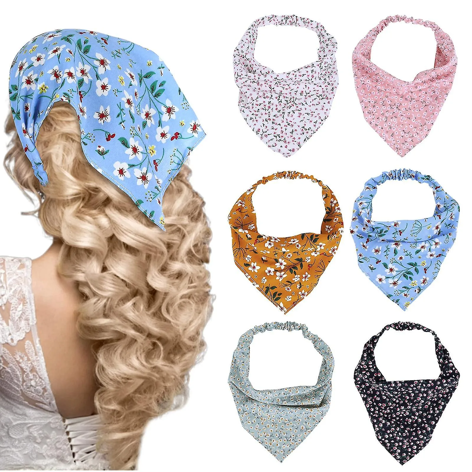 6pcs Floral Head Kerchief Headband Chiffon Hair Bandanas Elastic Hair Band Scrunchies Boho Hair Scarf Hairbands Cute