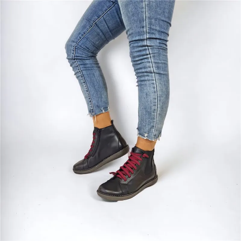 Botines Planos Cómodos Mujer Piel Cordón Elástico Y Cremallera 500 Negro, de Boleta