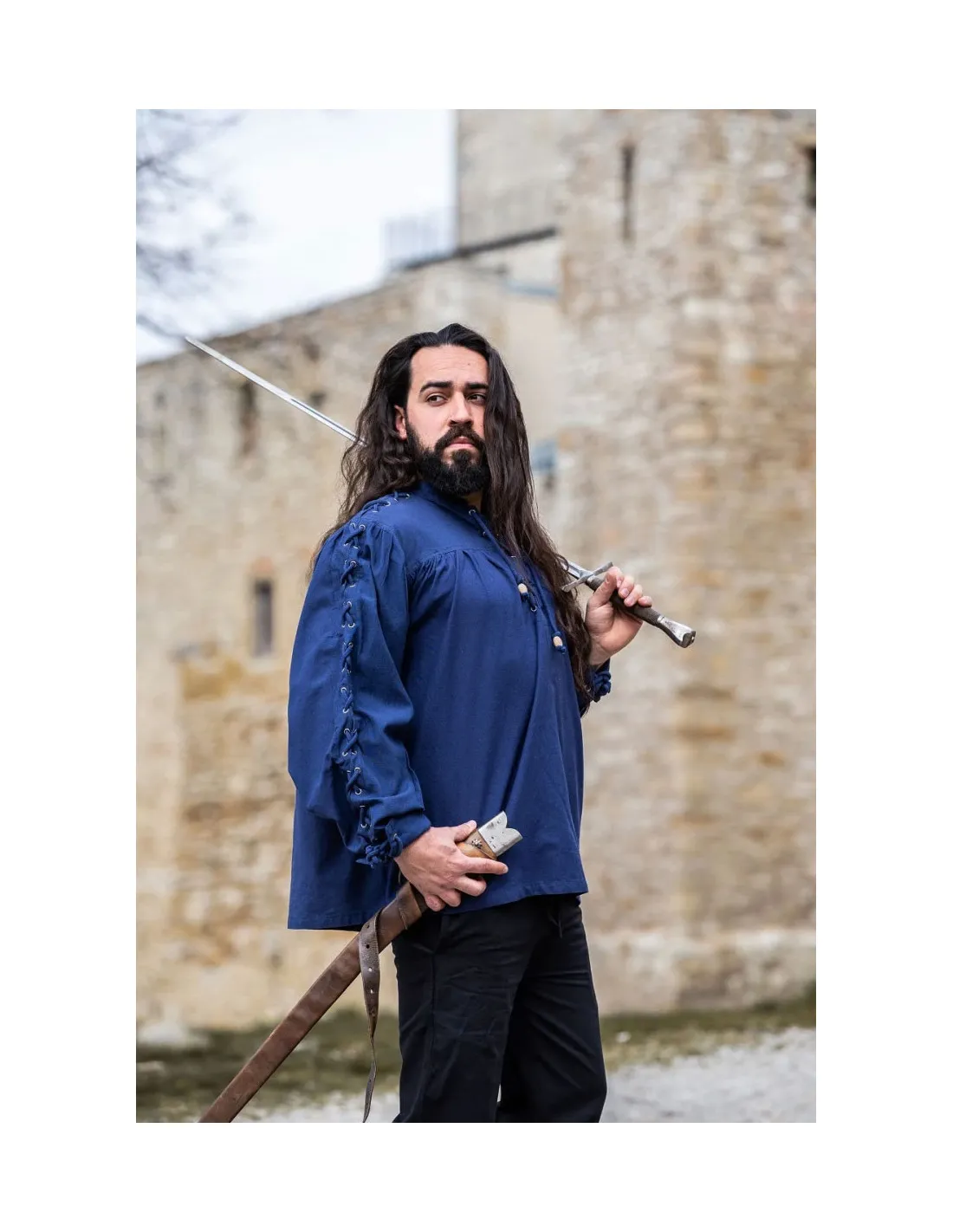 Camisa medieval Adrián con cordones, color azul