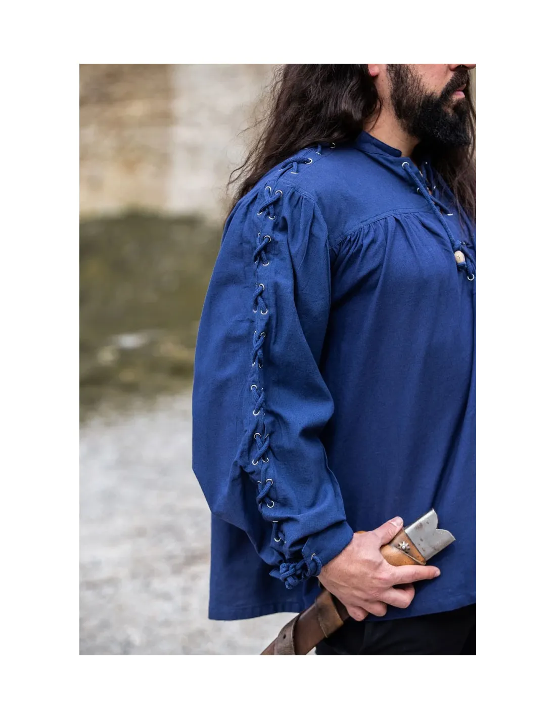 Camisa medieval Adrián con cordones, color azul