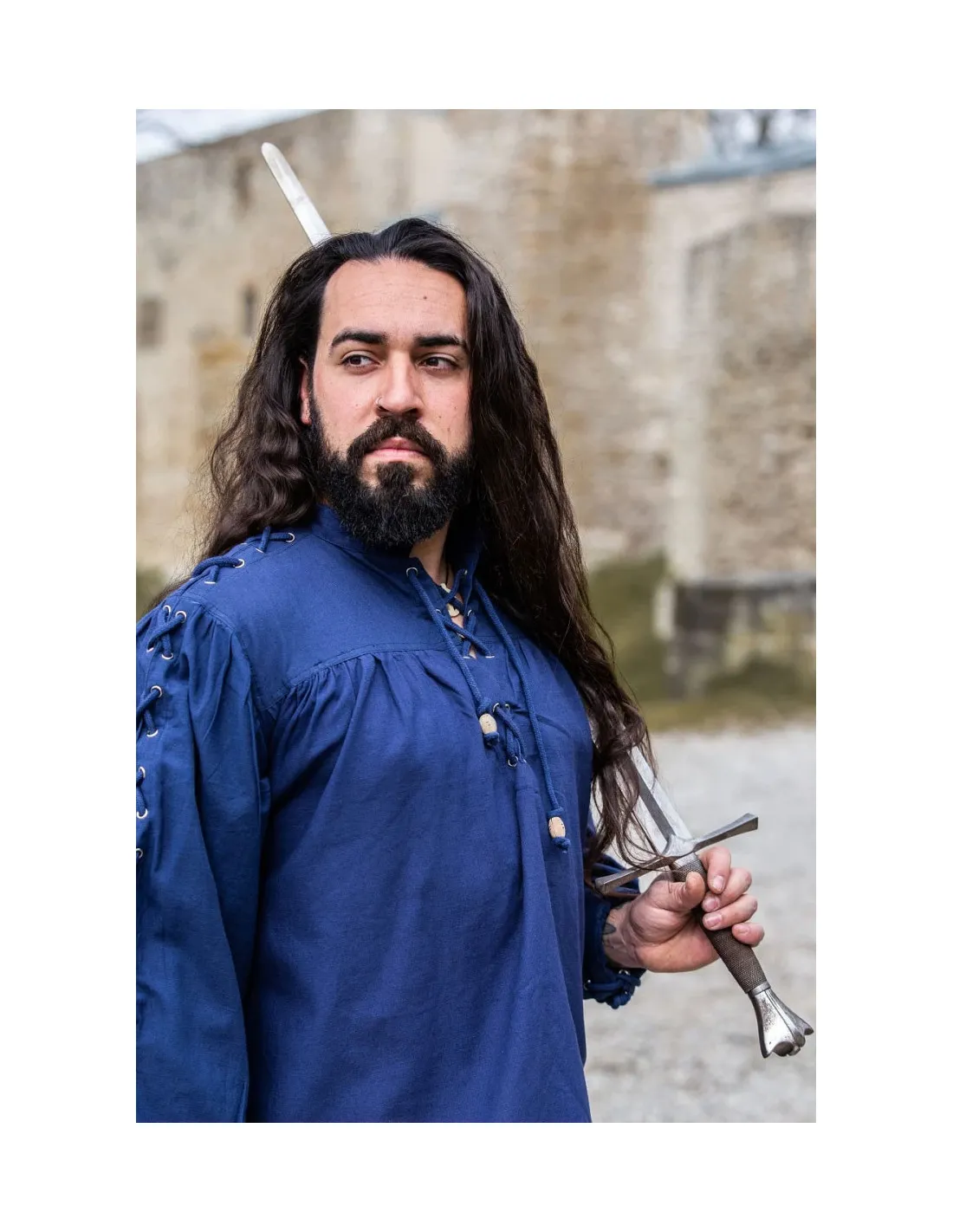 Camisa medieval Adrián con cordones, color azul