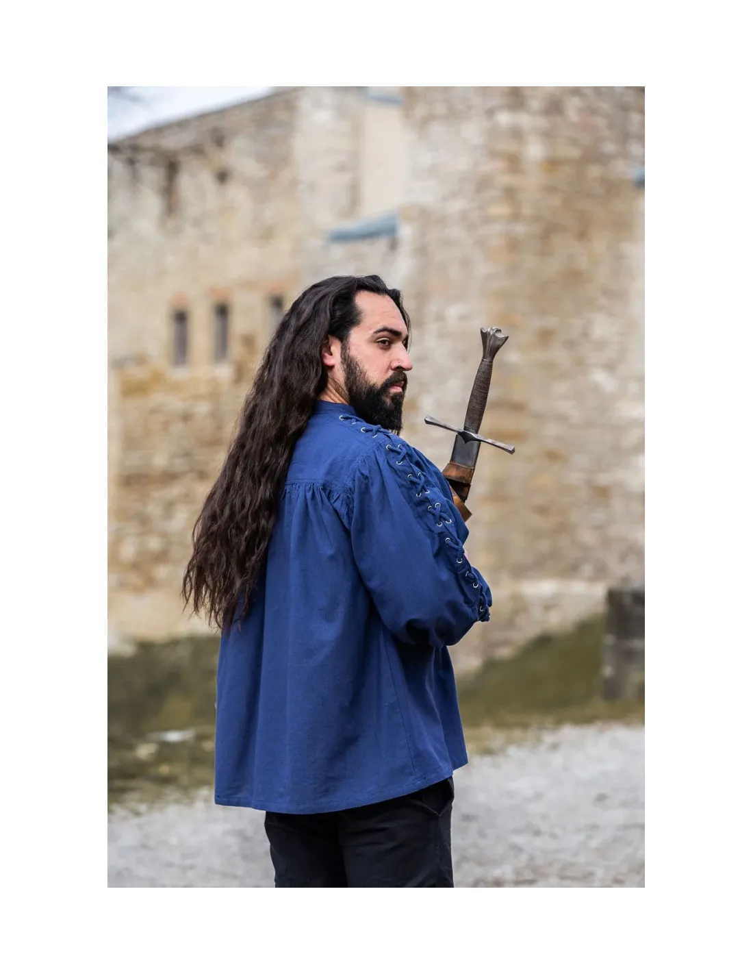 Camisa medieval Adrián con cordones, color azul
