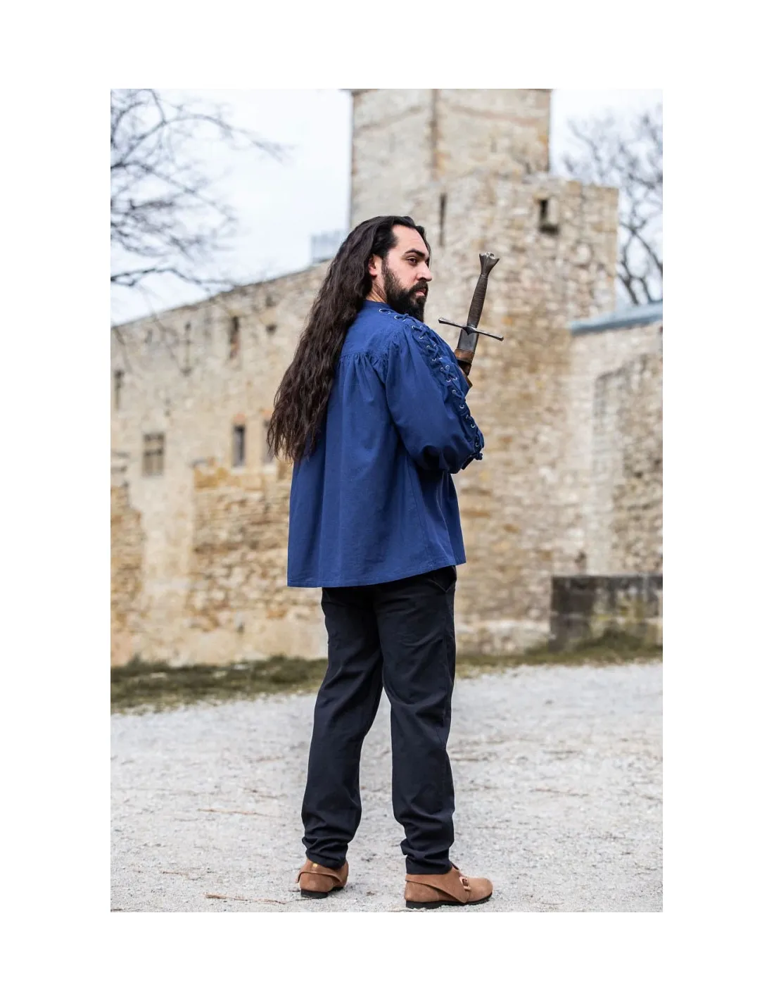 Camisa medieval Adrián con cordones, color azul
