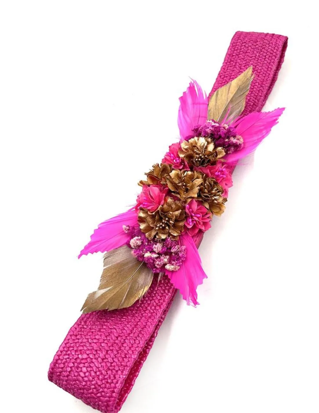 CINTURONES FUCSIAS CON FLORES Y PLUMAS PARA BODAS Y FIESTAS