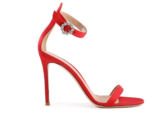 GIANVITO ROSSI PORTOFINO 100 Sandalias de satén rojas con adornos de cristal 