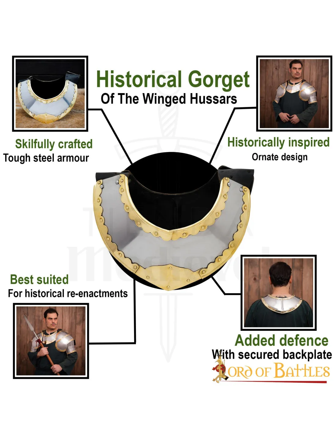 Gorjal medieval acero modelo Húsar con borde latonado