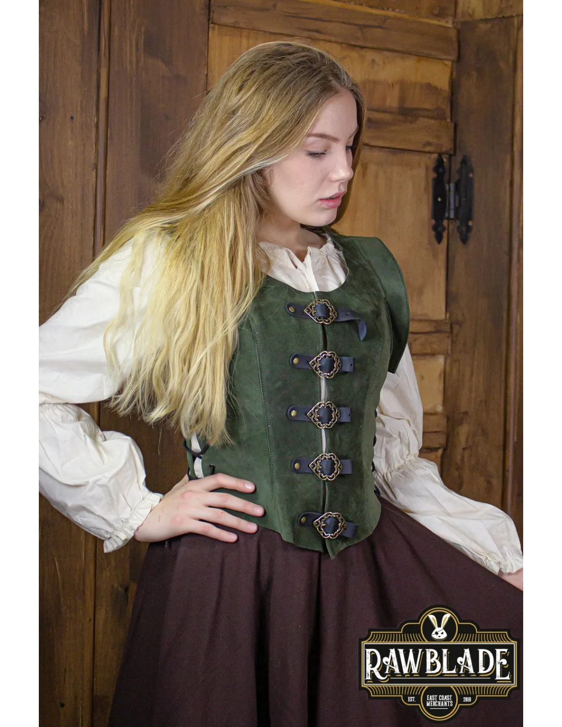 Justillo medieval corto en cuero Julienne, verde