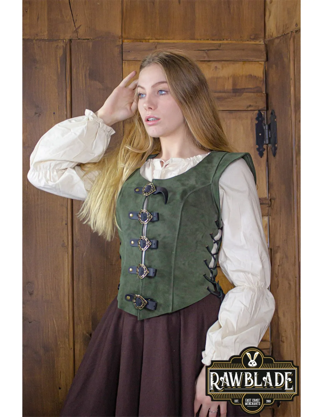 Justillo medieval corto en cuero Julienne, verde