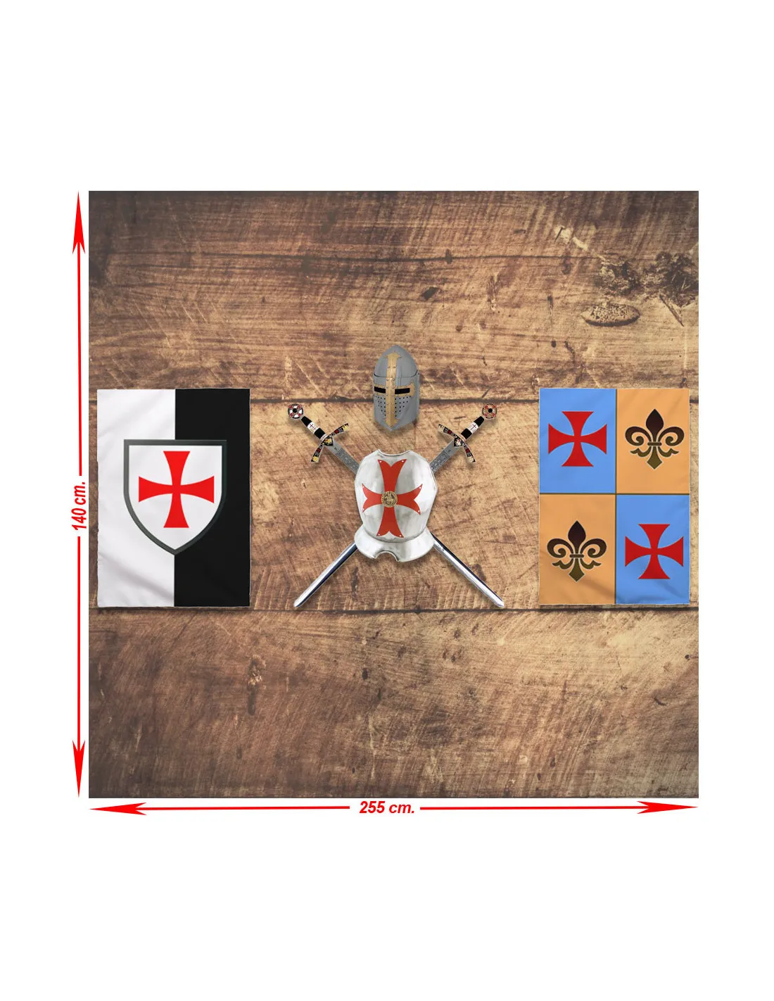 Panoplia de los Caballeros Templarios. espadas, pectoral, casco y estandartes