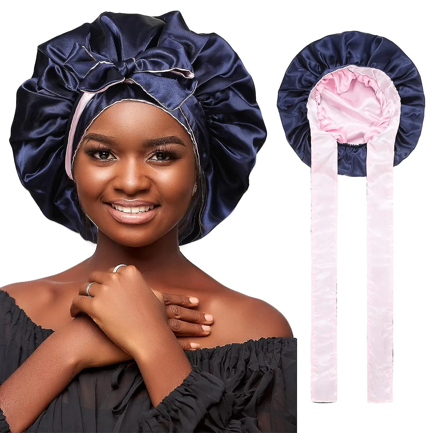 REVERSIBLE SILK HAIR BONNET FOR BLACK WOMEN  NAVY/PINK