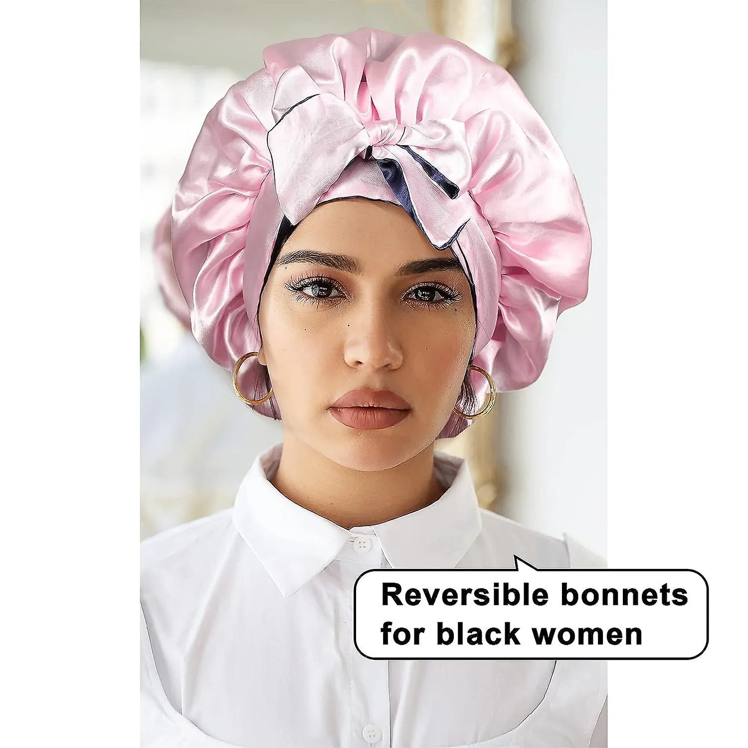REVERSIBLE SILK HAIR BONNET FOR BLACK WOMEN  NAVY/PINK