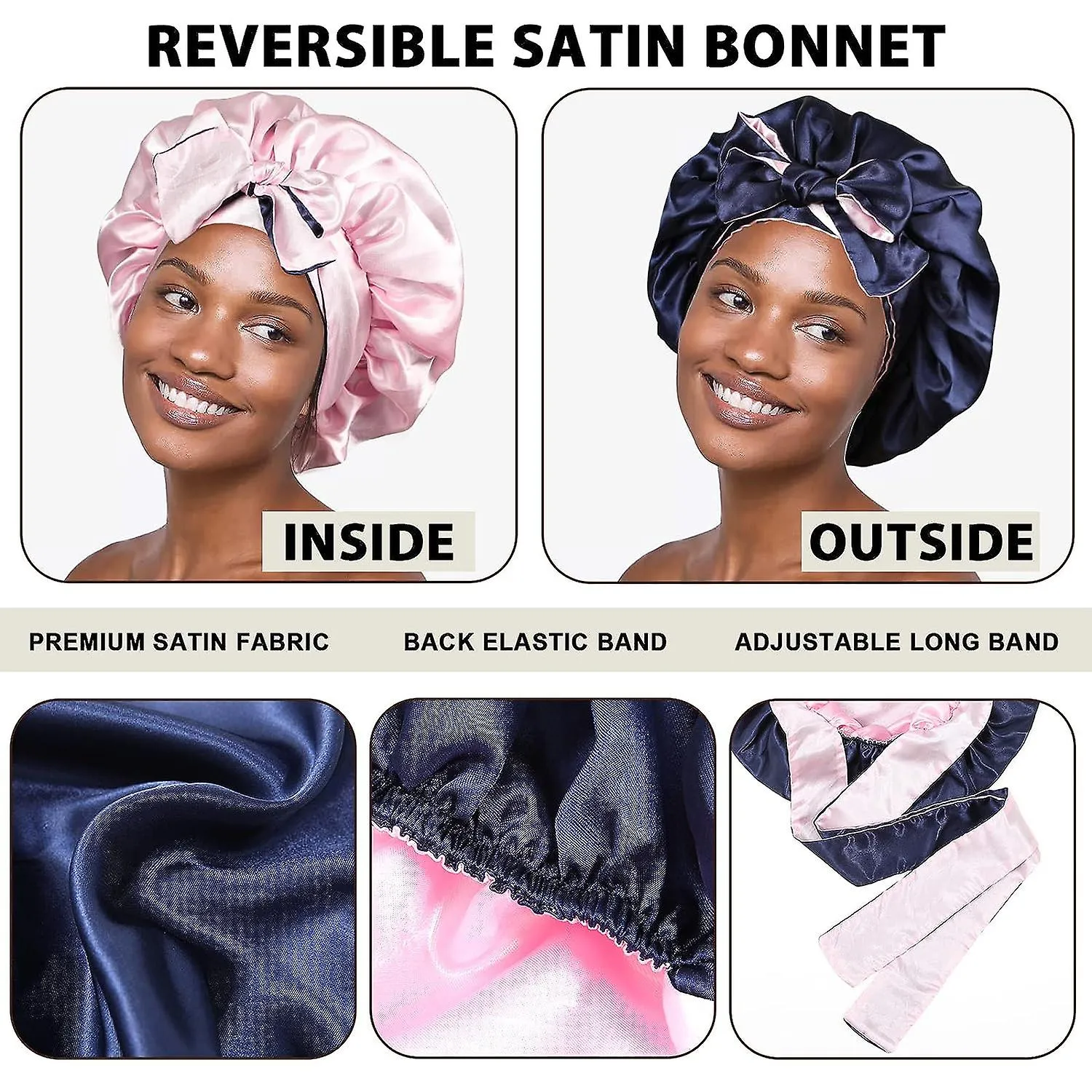 REVERSIBLE SILK HAIR BONNET FOR BLACK WOMEN  NAVY/PINK