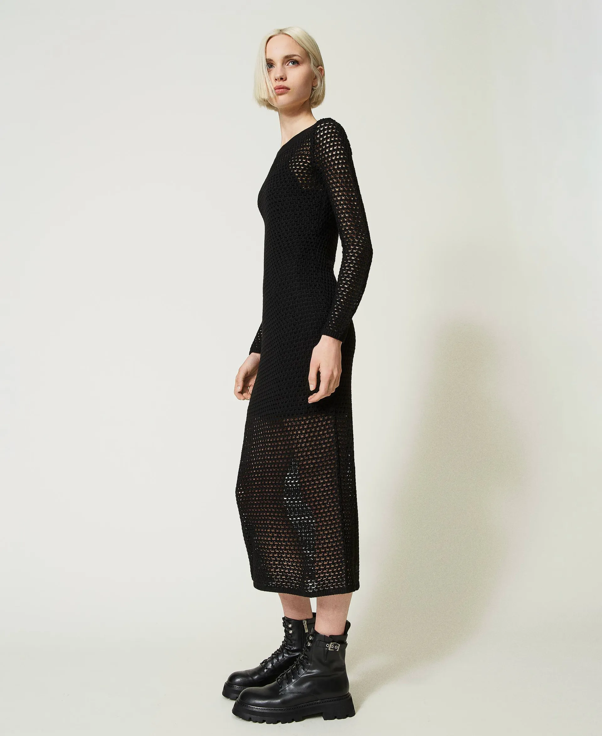 Robe longue en laine mélangée point filet