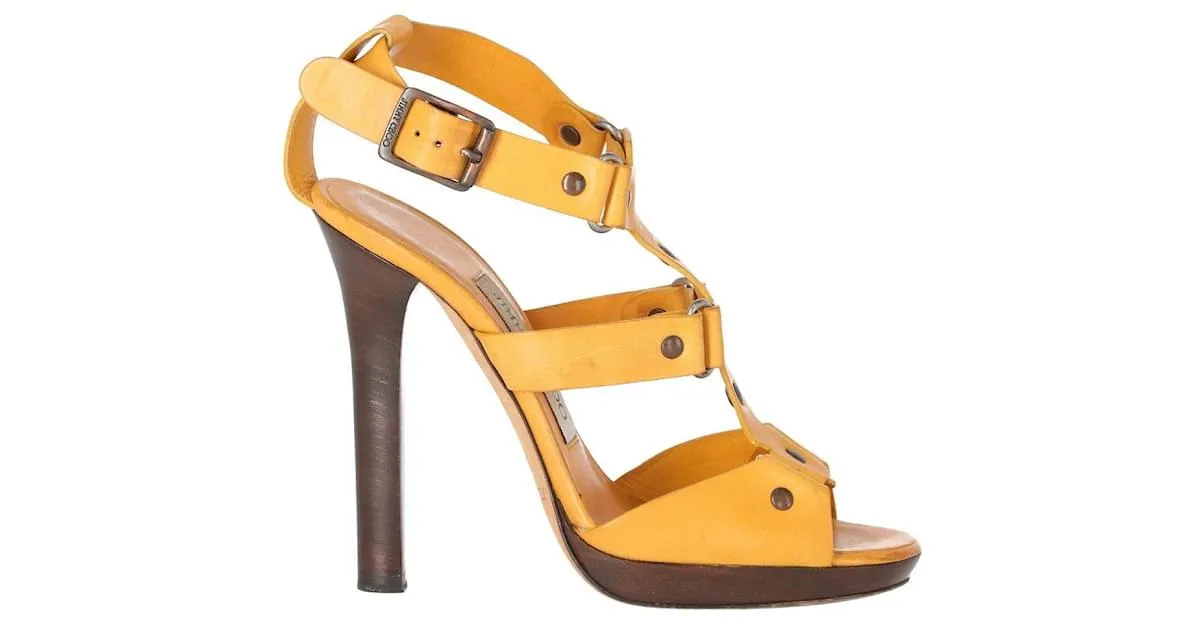 SANDALIAS DE CUERO MOSTAZA JIMMY CHOO  AñOS 2000 