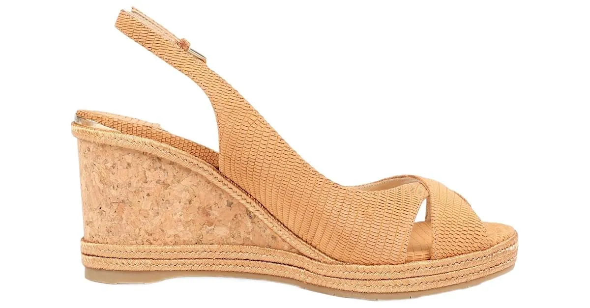 Sandalias de cuña de nobuk y cuero Jimmy Choo 38 en camello AMELY 80 con tira trasera 