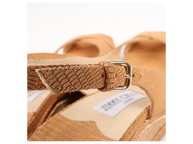 Sandalias de cuña de nobuk y cuero Jimmy Choo 38 en camello AMELY 80 con tira trasera 