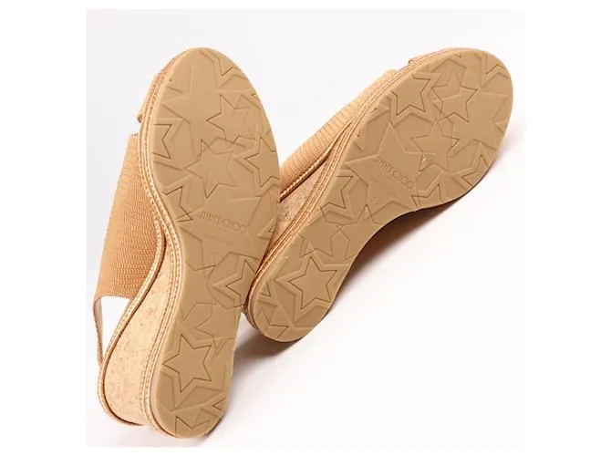 Sandalias de cuña de nobuk y cuero Jimmy Choo 38 en camello AMELY 80 con tira trasera 