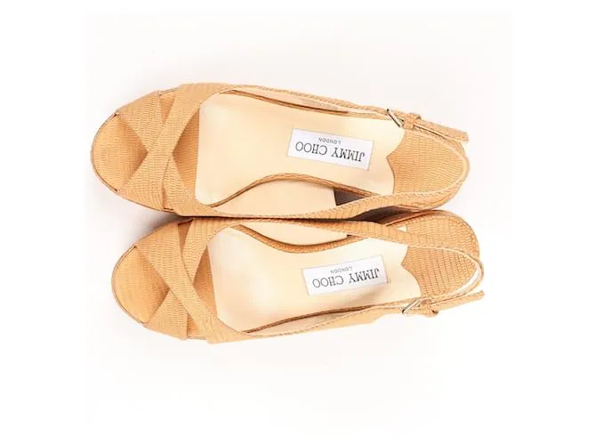 Sandalias de cuña de nobuk y cuero Jimmy Choo 38 en camello AMELY 80 con tira trasera 
