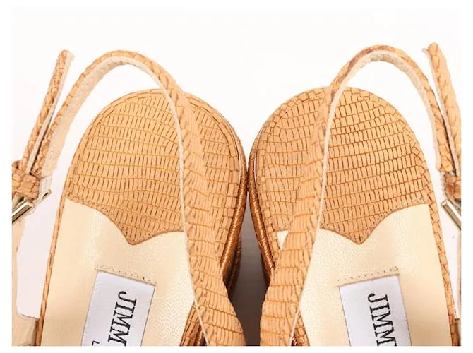 Sandalias de cuña de nobuk y cuero Jimmy Choo 38 en camello AMELY 80 con tira trasera 