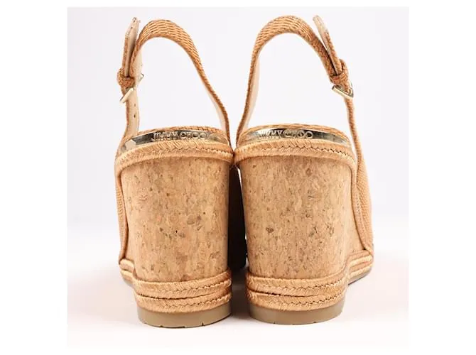 Sandalias de cuña de nobuk y cuero Jimmy Choo 38 en camello AMELY 80 con tira trasera 