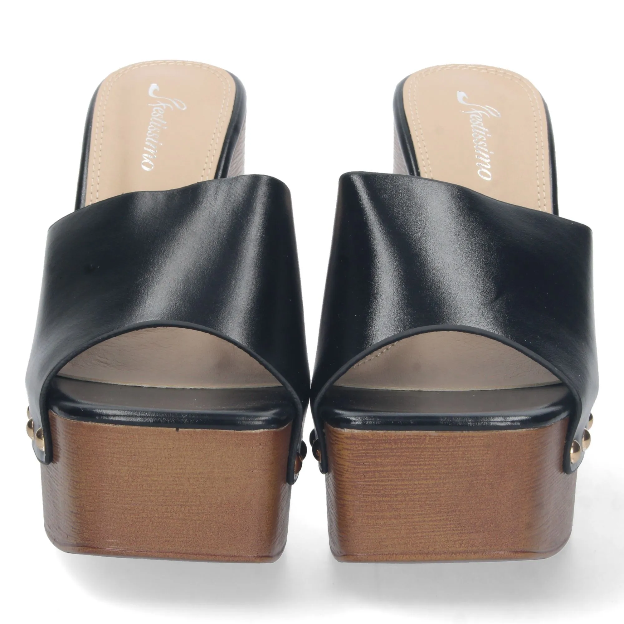 Sandalias de tacón estilo zuecos pala simple mujer color negro