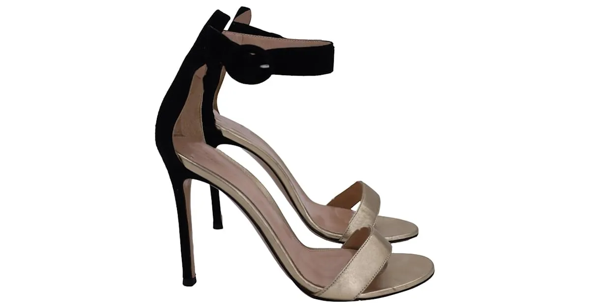 Sandalias de tobillo Gianvito Rossi Portofino en cuero y ante dorado y negro 