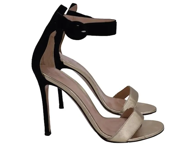 Sandalias de tobillo Gianvito Rossi Portofino en cuero y ante dorado y negro 