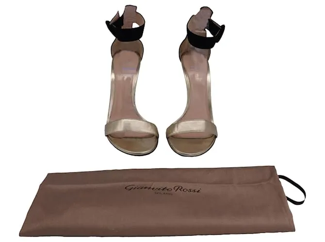 Sandalias de tobillo Gianvito Rossi Portofino en cuero y ante dorado y negro 