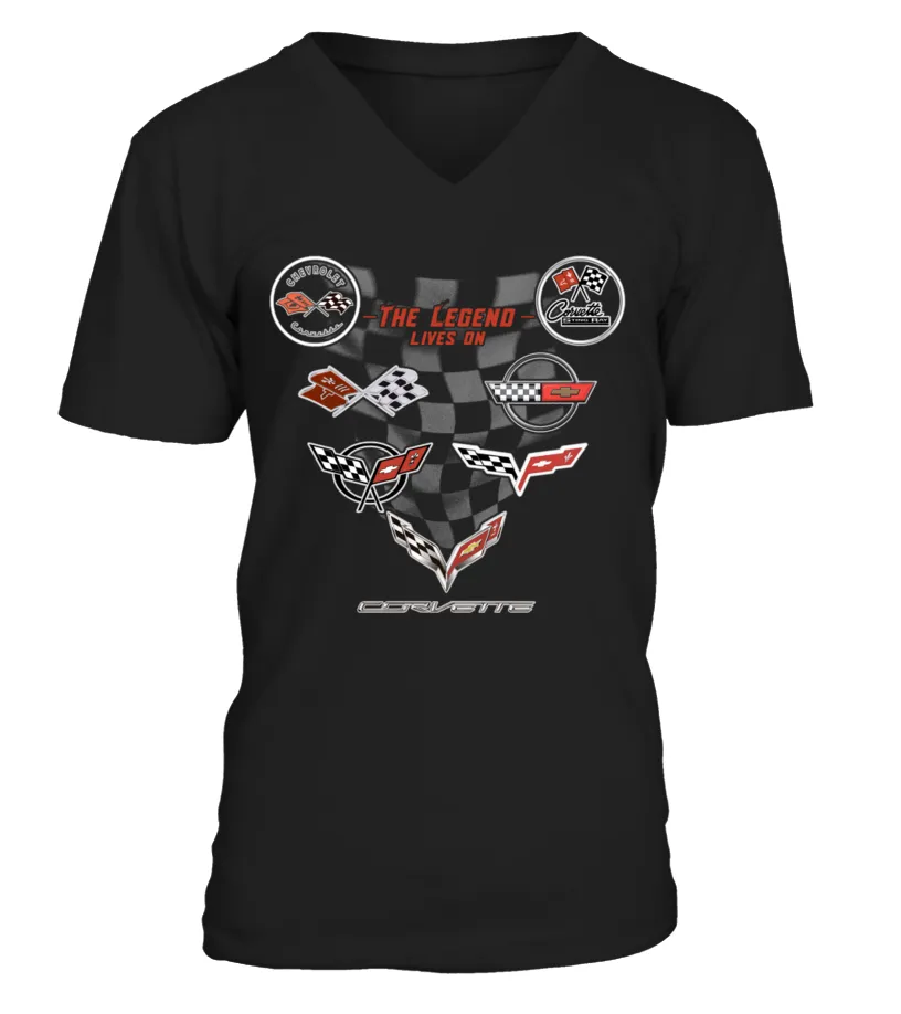 THE LEGEND LIVES ON W C1 C2 C3 C4 C5 C6 C7 EMBLEMS  CHEVROLET CORVETTE CAMISETA CUELLO EN V UNISEX