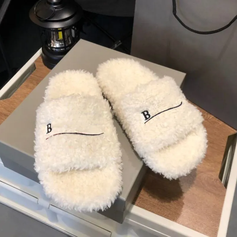 Zapatillas de diseñador para hombre y mujer, zapatillas de felpa de piel de invierno, mullidas y cálidas sandalias con letras, c