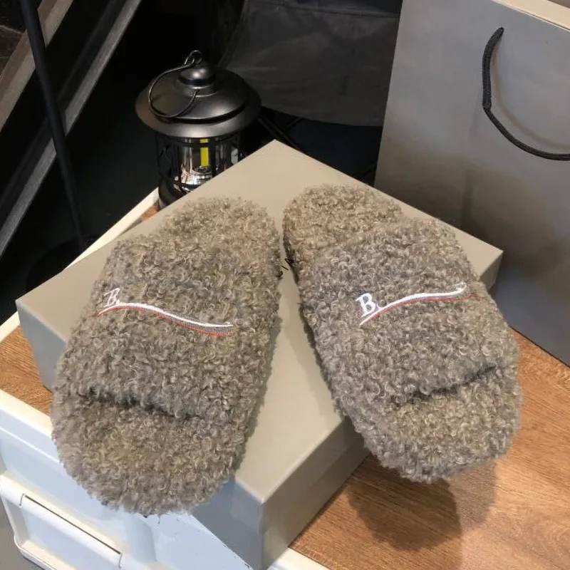 Zapatillas de diseñador para hombre y mujer, zapatillas de felpa de piel de invierno, mullidas y cálidas sandalias con letras, c